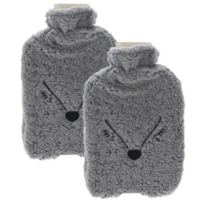 Warmwaterkruik - 2x - 2L - grijs - kruik met hoes - vos - dierenkruik