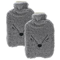 Warmwaterkruik - 2x - 2L - grijs - kruik met hoes - vos - dierenkruik