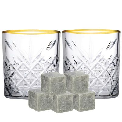Luxe whiskyglazen set 4x stuks 350 ml met 9x whisky ijsblokstenen
