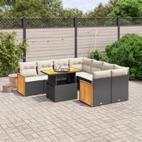 9-delige Loungeset met kussens poly rattan zwart