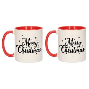 Set van 2x stuks merry Christmas met sterren kerstcadeau kerstmokken rood 300 ml