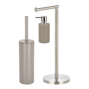 Badkamer accessoires set - WC-borstel/zeeppompje/rollenhouder - metaal/porselein - beige