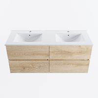 MONDIAZ VICA 120cm badmeubel onderkast Washed Oak 4 lades. Wastafel DENIA dubbel 2 kraangaten, kleur Glanzend Wit.