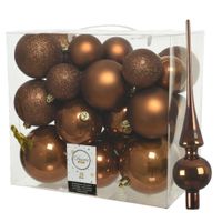 Set van 26x stuks kunststof kerstballen incl. glazen piek glans kaneel bruin   -