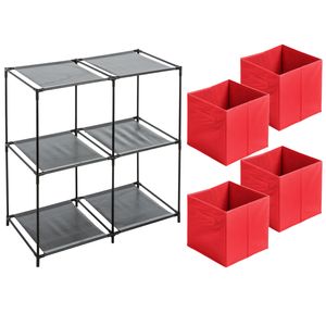 Kastmandjes/opberg mandjes - rood - 4x stuks van 29 Liter - In rekje van 67 x 68 cm