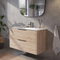 Saqu Lima voorgemonteerd badmeubel met grafiet greep incl. matte keramische wastafel 101x46cm naturel eiken
