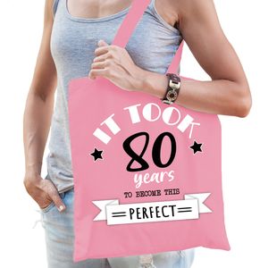 Cadeau tas voor dames - 80 en perfect - lichtroze - katoen - 42 x 38 cm - tachtig - shopper