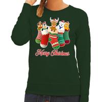 Foute Kersttrui - sweater - kerstsokken met diertjes - Merry Christmas - groen - voor dames