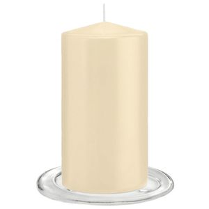 Trend Candles - Stompkaarsen met glazen onderzetters set van 2x stuks - creme wit 8 x 15 cm