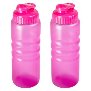 Drinkfles/waterfles/bidon met druksluiting - 2x stuks - 650 ml - transparant/roze - kunststof