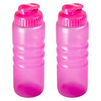 Drinkfles/waterfles/bidon met druksluiting - 2x stuks - 650 ml - transparant/roze - kunststof - thumbnail