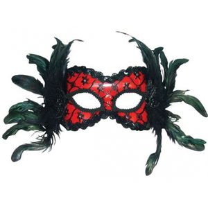 Oogmasker rood met zwarte veertjes