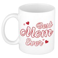 Best mom ever cadeau mok / beker wit met contour letters en rode hartjes
