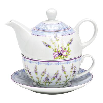Theepotset lavendeldecoratie van porselein, 3-delig