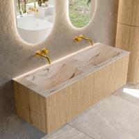 Badmeubel Mondiaz Kurve-Dlux | 130 cm | Meubelkleur Oak | Wastafelkleur Nata | Solid surface | Wasbak beide zijden spoelbak | Zonder kraangat(en)