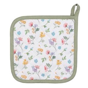 Clayre & Eef Pannenlap 20x20 cm Wit Groen Katoen Vierkant Bloemen