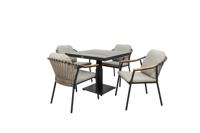 Qopps Javie Up-Down tuintafel met 4 Flori stapelbare tuinstoelen