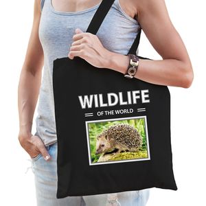 Katoenen tasje Egels zwart - wildlife of the world Egel cadeau tas