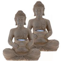 2x stuks solar lamp boeddha beelden bruin / grijs 31 cm - thumbnail