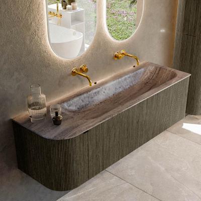 Badmeubel Mondiaz Kurve-Dlux | 145 cm | Meubelkleur Shadow | Wastafelkleur Oza | Solid surface | Wasbak rechter zijde spoelbak | Zonder kraangat(en)