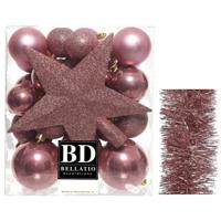 Kerstversiering kerstballen 5-6-8 cm met ster piek en folieslingers pakket oud roze van 35x stuks - Kerstbal - thumbnail