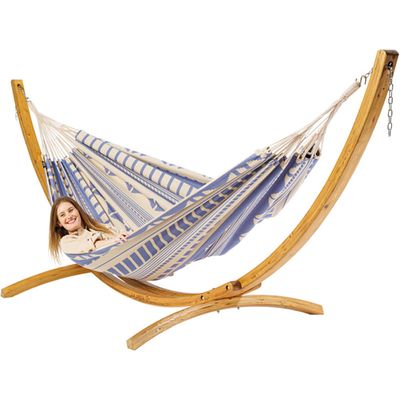 Familie hangmat met houten standaard - 400x180cm - Paars - 200kg draagkracht- 100% katoen - binnen & buiten