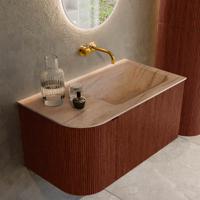 Badmeubel Mondiaz Kurve-Dlux | 85 cm | Meubelkleur Ruby | Wastafelkleur Saba | Solid surface | Wasbak rechter zijde spoelbak | Zonder kraangat(en) Badmeubel Mondiaz Kurve-Dlux | 85 cm | Meubelkleur Ruby | Wastafelkleur Saba | Solid surface | Wasbak rechter zijde spoelbak | Zonder kraangat(en)