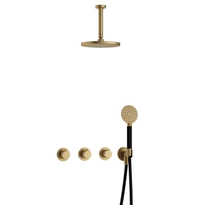 Hotbath Cobber - CB7067 - Inbouw Regendoucheset - Geborsteld Messing - 2 Stopkranen - Thermostatisch - Plafondbuis 15 cm - Hoofddouche 200 mm - Ronde Handdouche 3 Standen - Waterbesparend