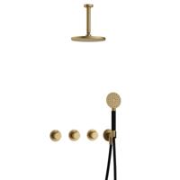 Hotbath Cobber - CB7067 - Inbouw Regendoucheset - Geborsteld Messing - 2 Stopkranen - Thermostatisch - Plafondbuis 15 cm - Hoofddouche 200 mm - Ronde Handdouche 3 Standen - Waterbesparend