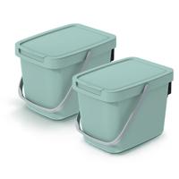 GFT aanrecht afvalbakje - 2x - mintgroen - 6L - afsluitbaar - 20 x 26 x 20 cm - klepje/hengsel