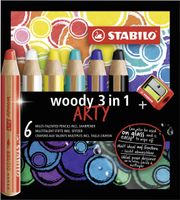 STABILO woody 3 in 1, multitalent kleurpotlood, ARTY etui 6 kleuren + puntenslijper - thumbnail