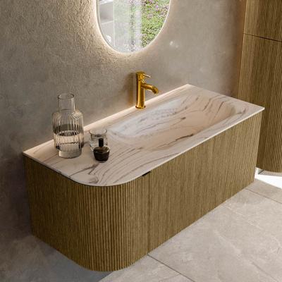 Badmeubel Mondiaz Kurve-Dlux | 105 cm | Meubelkleur Dusk | Wastafelkleur Nata | Solid surface | Wasbak rechter zijde spoelbak | 1 kraangat