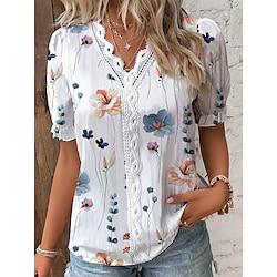 Dames Overhemd Kanten overhemd Blouse Bloemig Dagelijks Kant Lapwerk Afdrukken Marineblauw Korte mouw Stijlvol Modern V-hals Zomer Lente Lightinthebox