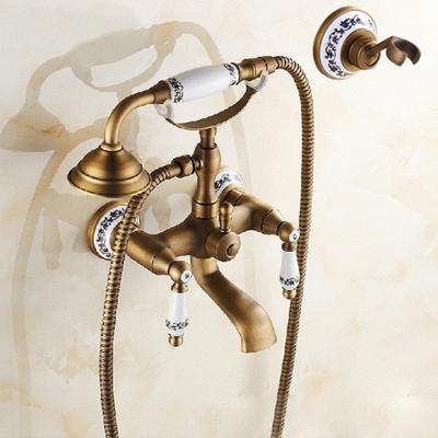 Antieke koperen muur gemonteerde badkamer tub kraan Dual keramiek behandelt telefoon stijl hand douche specificatie: telefoon douche + blauwe en witt