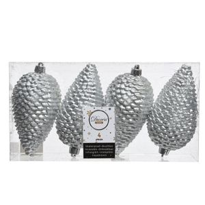 4x Zilveren dennenappels kerstballen 12 cm kunststof glitter