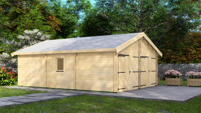 Dubbele garage 44 mm - 595x800 cm - onbehandeld- Zadeldak- Onbehandeld vurenhout- Van Kooten - Van Kooten
