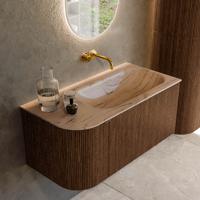Badmeubel Mondiaz Kurve-Dlux | 95 cm | Meubelkleur Walnut | Wastafelkleur Arena | Solid surface | Wasbak rechter zijde spoelbak | Zonder kraangat(en)