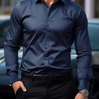 Bon&Bon Men's Dark Green Long Sleeve Shirt with Embroidered Cuffs Navy Blue / M