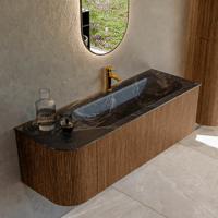 Mondiaz KURVE-DLUX 135 cm Onderkast Greeploos 1 Lade Met Deuren Walnut, Wastafel Solid Surface Rechts Lava 1 Kraangat Zonder Spiegel (KRVBGM135L1L1D1KR-Wal/Lav)