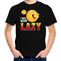 Funny emoticon t-shirt I was born lazy zwart voor kids - thumbnail