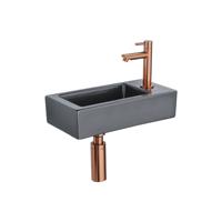 QeramiQ Fuente Fonteinset - 37.5x18.5x9cm - keramiek - kraangat rechts - fonteinkraan geborsteld koper - afvoerplug - verlaagd sifon - Mat Zwart SW1122447/SW799405/SW799403/SW970033