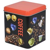 Excellent Houseware Koffie cupjes bewaarblik - zwart - cupjes en bonen print - 10 x 10 x 12 cm