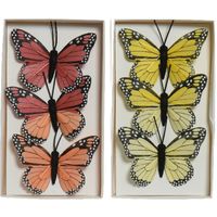 6x stuks decoratie vlinders op draad - rood - geel - 6 cm - Hobbydecoratieobject - thumbnail