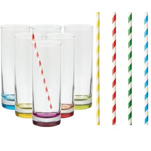 Set van 6x longdrinkglazen en 100x duurzame rietjes papier - 310 ml