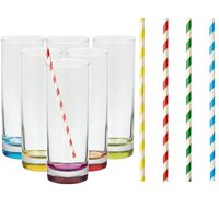 Set van 6x longdrinkglazen en 100x duurzame rietjes papier - 310 ml - thumbnail