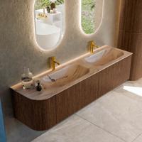 Badmeubel Mondiaz Kurve-Dlux | 175 cm | Meubelkleur Walnut | Wastafelkleur Arena | Solid surface | Dubbel / Rechts spoelbak | 2 kraangaten