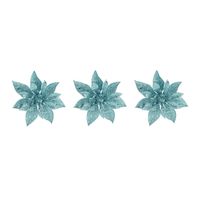 3x stuks decoratie bloemen kerstster ijsblauw glitter op clip 15 cm - Kunstbloemen - thumbnail