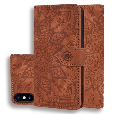 Kalf patroon dubbele vouwen ontwerp reliëf lederen draagtas met portemonnee & houder & kaartsleuven voor iPhone XS/X (bruin)