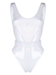 Balmain maillot de bain pailleté à logo imprimé - Blanc