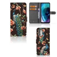 Motorola Moto G51 5G Telefoonhoesje met Pasjes Pauw met Bloemen - thumbnail